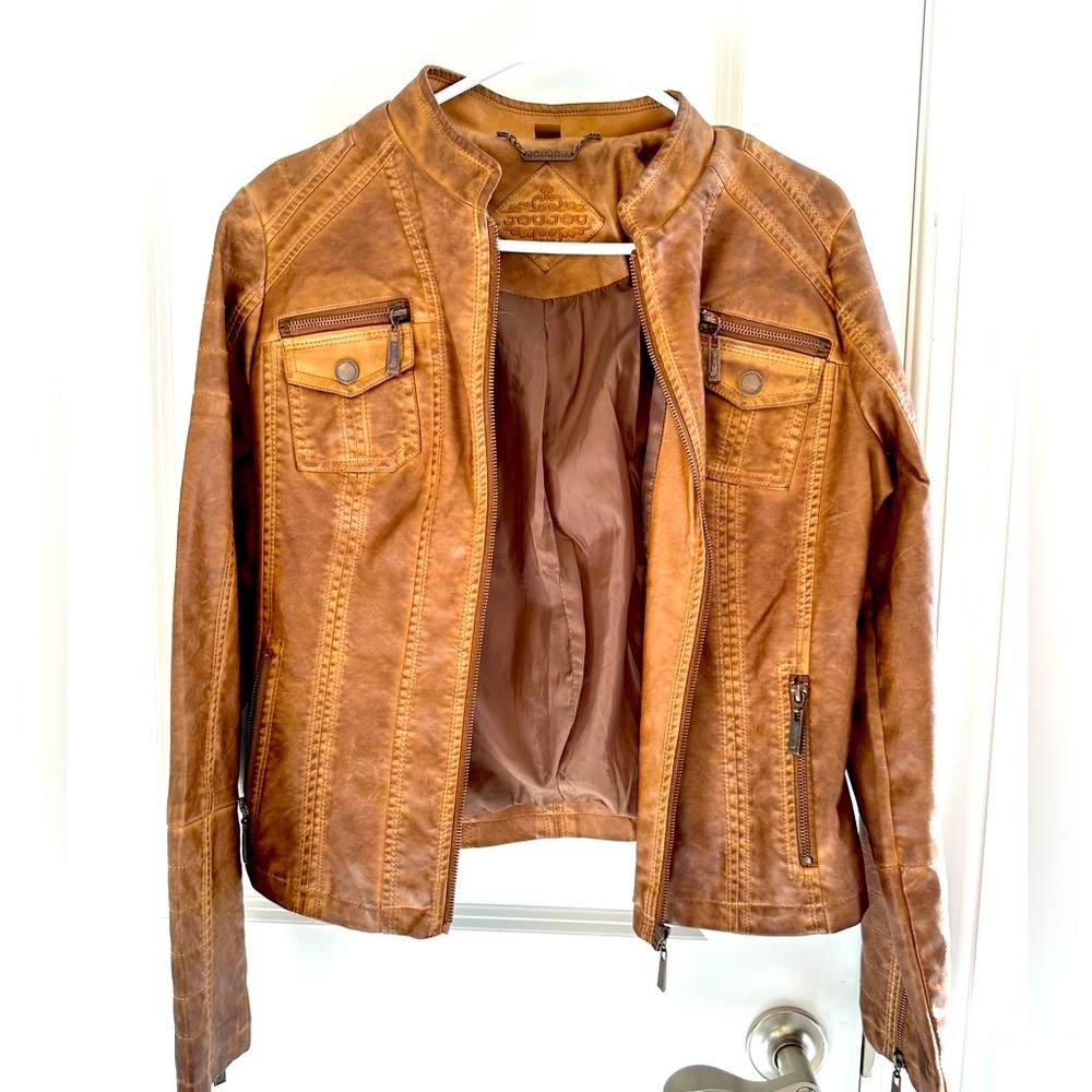 JuJu leather (vegan) jacket! Beautiful camel color! Great for the holidays!